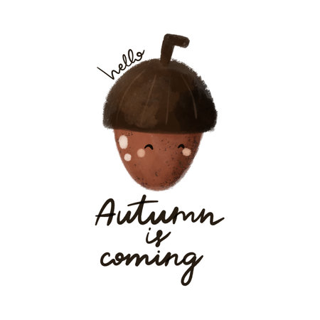 Autumn is coming. Cartoon acorn, hand drawing lettering. Colorful illustration, flat style. design for cards, print, posterの写真素材