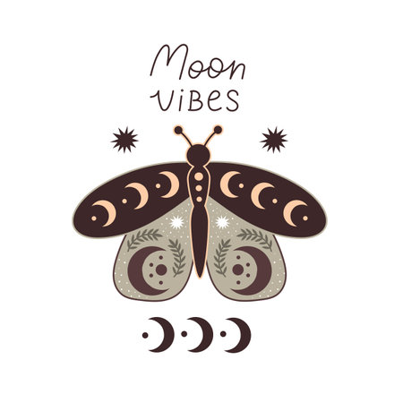 Moon vibes. Cartoon butterfly, hand drawing lettering, decor elements. colorful vector illustration, retro style. design for cards, print, posters, logo, coverのイラスト素材