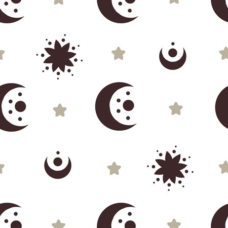 Seamless pattern with cartoon moon, decorative elements. Flat style colorful vector illustration for kids. hand drawing. baby design for fabric, textile, print, wrapper.のイラスト素材