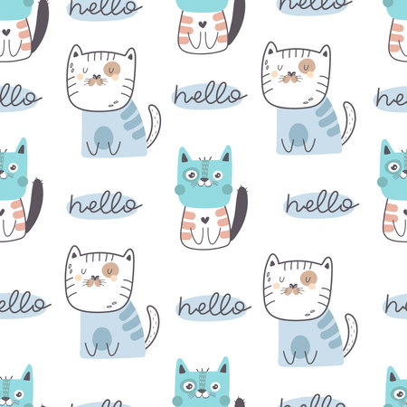 seamless pattern with cartoon cats. Colorful vector flat for kids. hand drawing. baby design for fabric, print, wrapper, textileのイラスト素材