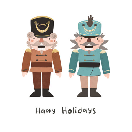 Happy holidays. Cartoon nutcracker, hand drawing lettering, decor elements. holiday theme. Colorful...