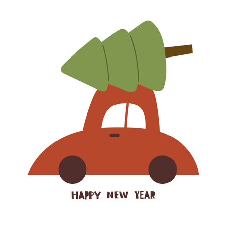 Happy new year. Cartoon car, Christmas tree, hand drawing lettering, decor elements. holiday theme. Colorful vector illustration, flat style. design for greeting cards, print, postのイラスト素材