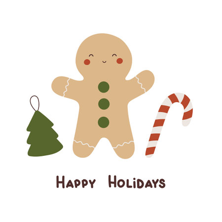Happy holidays. Cartoon gingerbread man, christmas tree, hand drawing lettering, decor elements. holiday theme. Colorful vector illustration, flat style. design for greeting cardsのイラスト素材