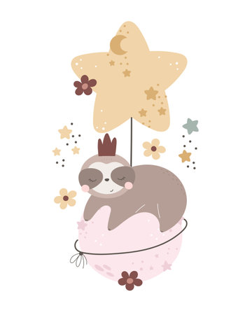 cartoon sloth, planet, decorative elements. flat style, colorful vector for kids. baby design for cards, poster decoration, t-shirt printのイラスト素材