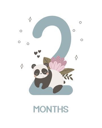 Baby milestone card. Cartoon panda, number, hand drawing lettering, decor elements. Colorful vector illustration, flat style. design for greeting cards, print, posterのイラスト素材
