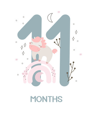 Baby milestone card. Cartoon unicorn, number, hand drawing lettering, decor elements. Colorful vector illustration, flat style. design for greeting cards, print, posterのイラスト素材