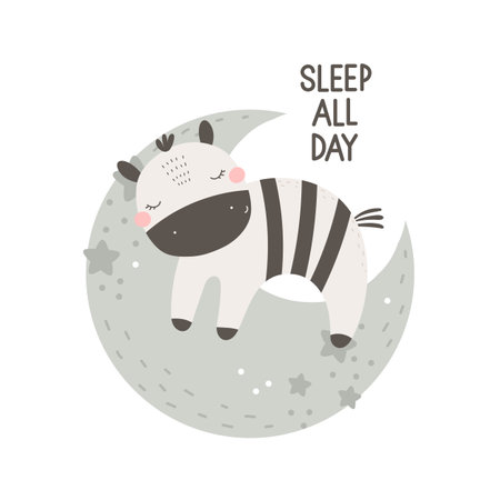 Sleep all day. Cartoon zebra, moon, hand drawing lettering, decoration elements. flat style illustration. design for print, poster, cardのイラスト素材