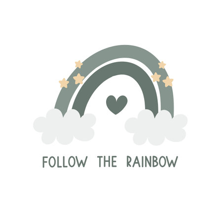 follow the rainbow. cartoon rainbow, hand drawing lettering. Colorful vector illustration for kids. flat style, doodle quote. design for baby shower cards, printsのイラスト素材