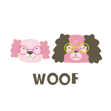 Woof. cartoon dog, hand drawing lettering. Colorful flat vector illustration for children. baby design for prints, posters, cardsのイラスト素材