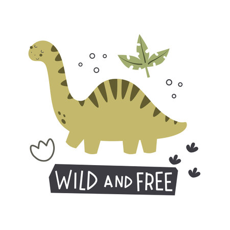 Wild and free. cartoon dinosaur, hand drawing lettering. colorful vector illustration for kids, flat style. baby design for cards, print, posters, logo, coverのイラスト素材