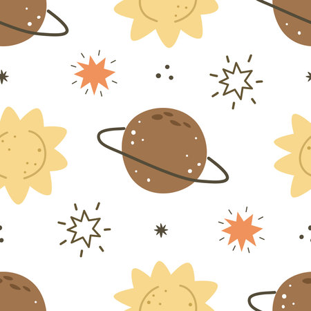seamless pattern with cartoon planet, sun, star, decor elements. Colorful vector for kids. Space. hand drawing. baby design for fabric, print, wrapper, textileのイラスト素材