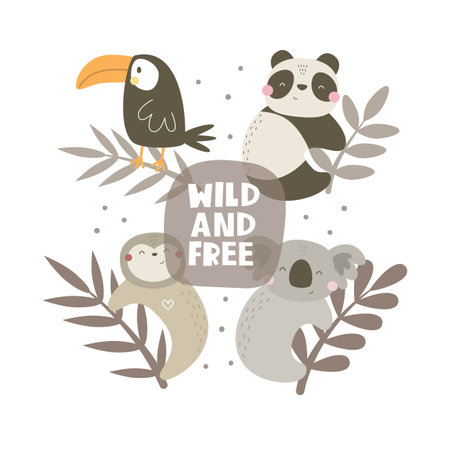 Wild and free. cartoon animals, hand drawing lettering. flat style, colorful vector for kids. baby design for cards, poster decoration, printのイラスト素材