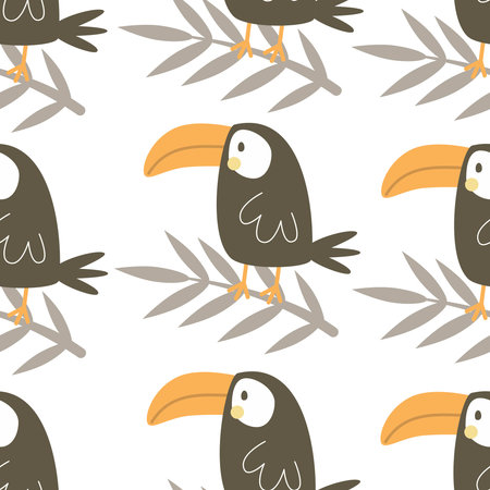 Seamless pattern with cartoon toucans, decor elements. colorful vector for kids. hand drawing, flat style. baby design for fabric, print, textile, wrapperのイラスト素材