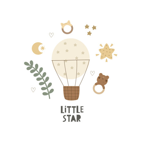 Little star. Cartoon balloon, baby decor element, hand drawing lettering. Colorful vector illustration, flat style for girl. design for greeting cards, print, poster, baby showerのイラスト素材