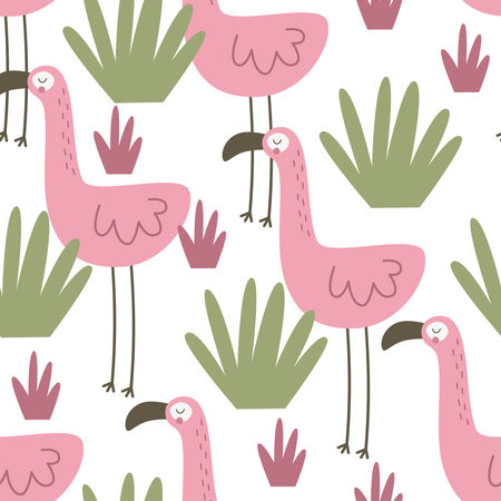 Seamless pattern with cute cartoon flamingos. hand drawing. Flat colorful vector. animal theme. design for fabric, textile, print, wrapperのイラスト素材