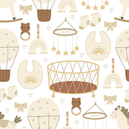 Seamless pattern with cartoon baby decor elements. simple flat vector. Hand drawing for children. baby design for fabric, textile, wrapper, print, baby showerのイラスト素材