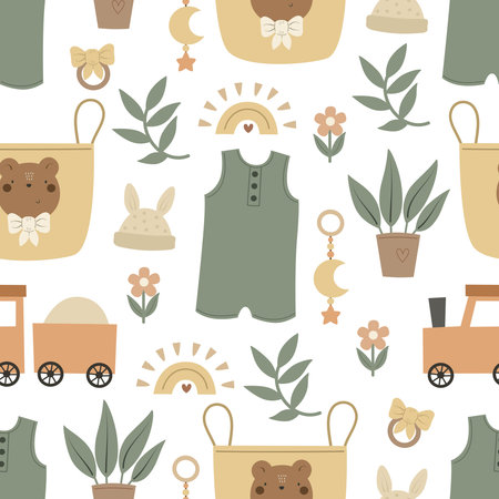 Seamless pattern with cartoon baby decor elements. simple flat vector. Hand drawing for children. baby design for fabric, textile, wrapper, print, baby showerのイラスト素材