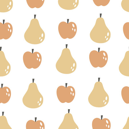 Seamless pattern with cartoon apple, pear, decor elements on a neutral background. fruit theme. vector. hand drawing. design for fabric, print, wrapper, textileのイラスト素材