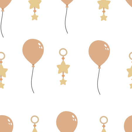 Seamless festive pattern with cartoon balloons, decor elements. flat vector for birthday. kids hand drawing. baby design for fabric, wrapper, printのイラスト素材