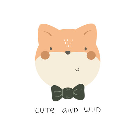 Cute and wild. cartoon fox, hand drawing lettering, decorative elements. flat style, colorful vector for kids. baby design for cards, poster decoration, t-shirt printのイラスト素材