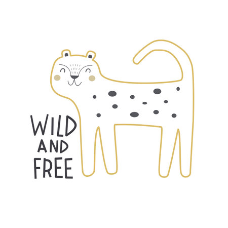 wild and free. cartoon leopard, hand drawing lettering. flat style, colorful vector for kids. baby design for cards, poster decoration, printのイラスト素材