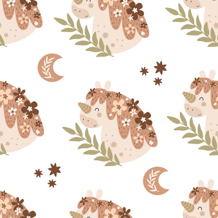 seamless pattern with cartoon unicorns. magic. Colorful vector flat style for kids. Animals. hand drawing. baby design for fabric, print, wrapperのイラスト素材
