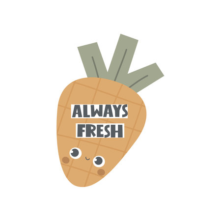 Always fresh. cartoon carrot, hand drawing lettering. Colorful flat vector illustration. design for prints, posters, cardsのイラスト素材