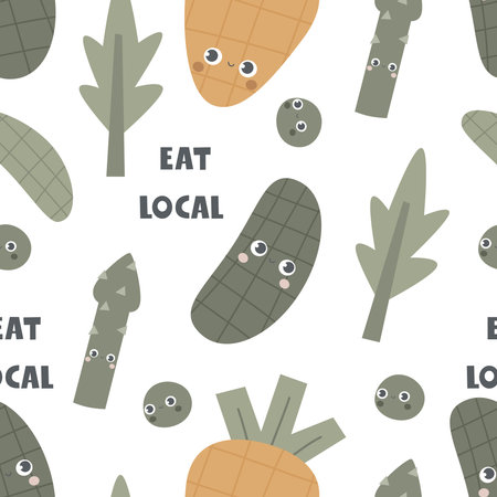 Seamless pattern with cartoon vegetables, decor elements. colorful vector. hand drawing, flat style. design for fabric, print, textile, wrapperのイラスト素材