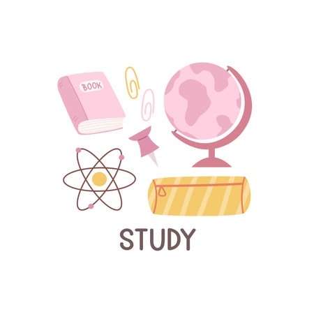 Study. Cartoon set for children with thematic elements, hand drawing lettering. Colorful vector illustration, flat style. design for cards, print, poster, coverのイラスト素材