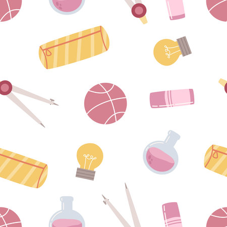 Seamless pattern with school elements. Colorful vector flat style. hand drawing. design for fabric, print, wrapper, textileのイラスト素材