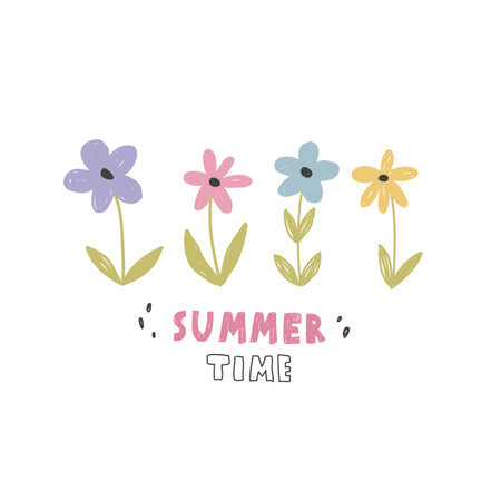 summer time. Cartoon flowers, hand drawing lettering, decor elements. Summer colorful vector illustration, flat style. design for cards, print, posters, logo, coverのイラスト素材