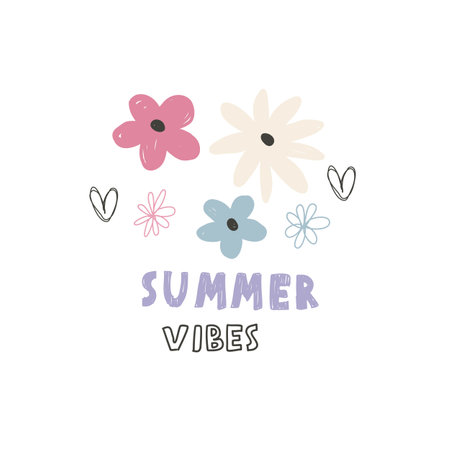 summer vibes. Cartoon flowers, hand drawing lettering, decor elements. Summer colorful vector illustration, flat style. design for cards, print, posters, logo, coverのイラスト素材