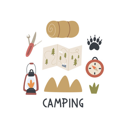 Cartoon camping thematic elements, hand drawing lettering. Colorful vector illustration, flat style. design for cards, print, poster, coverのイラスト素材