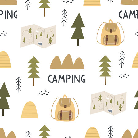 Seamless pattern with camping elements. Colorful vector flat style. hand drawing. design for fabric, print, wrapper, textileのイラスト素材