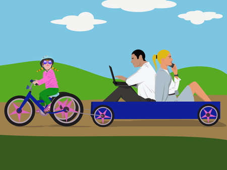 kid driving a bike with mum and dad in the trailer のイラスト素材