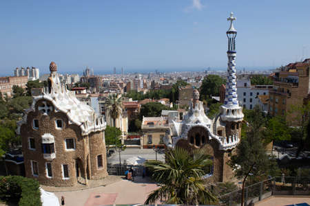 BARCELONA, CATALONIA, SPAIN - APRIL  05 2021: The famous Parc GÃ¼ell  designed by the architect Gaudi in the city of Barcelona.のeditorial素材