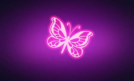 Neon purple pink glowing butterfly on dark violet background.の写真素材