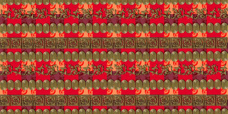 Rich golden chains and elements on red and coral background for print on fabric and wrapping paper