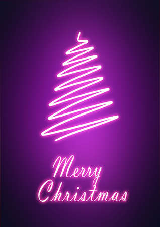 Abstract freehand neon purple glowing Christmas tree on dark background.の写真素材