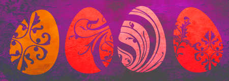 Colorful orange red pink easter eggs on purple grunge background.