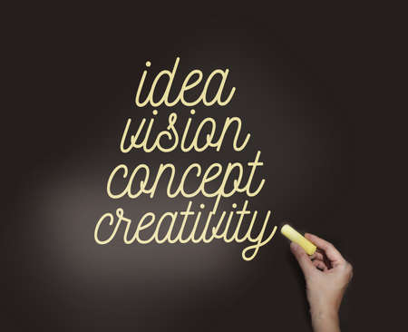 Idea vision concept creativity words written on blackboard using yellow chalk. Business marketing...