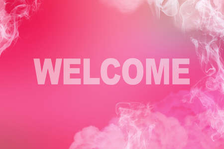 Welcome word written in pink psychedelic cloudy sky. Welcome Concept.の写真素材