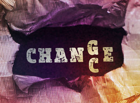 Change to Chance altering word under torn golden foil. Business challenge startup crisis management...