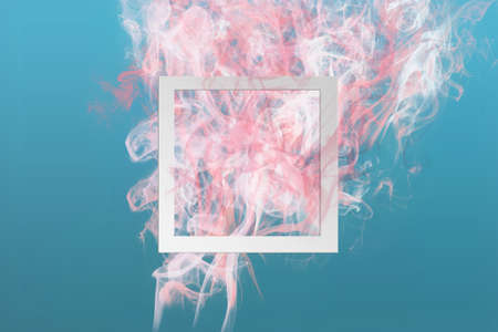 Abstract soft pink color paint smoke explosion with square frame on classic blue background. Creative minimal design composition with copy space.の写真素材