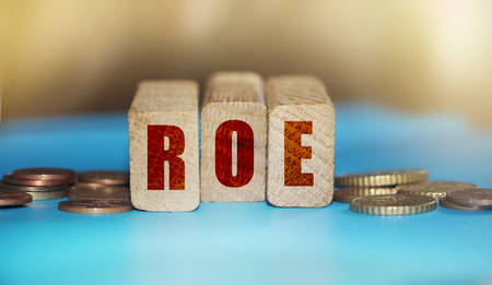 ROE on Wooden blocks and coins. Return on Equity. Business profitability success growth profitability analytics. concept.の写真素材