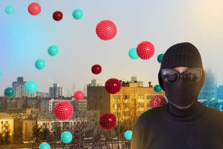 Woman in city street wearing sunglasses face mask protective frrom spreading COVID-19. Pandemic...