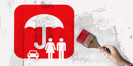 Umbrella over a car, man and woman symbols in red and paintbrush. Life insurance and car insurance...
