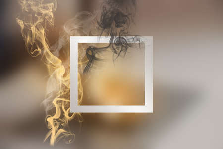Smoke frame background design. Abstract art. Mysterious green orange steam effect detail backdrop fog art pattern square form shape frame. Mystic artistic concept.の写真素材