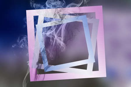 Lilac purple color paint smoke explosion with square frame on deep blue gradient background....