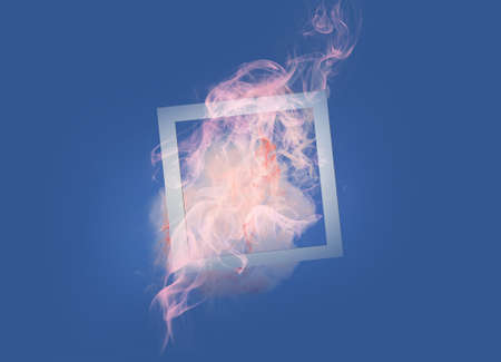 Soft pink paint smoke explosion with square frame on classic blue background. Creative abstract minimal design composition with copy space.の写真素材